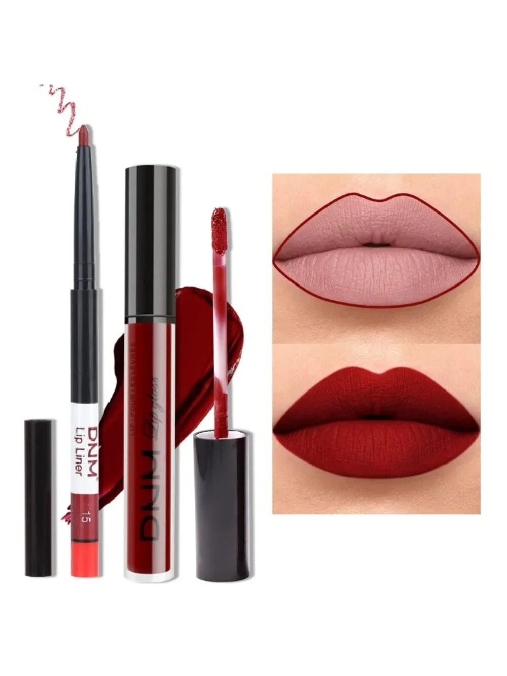DNM 15# Dark Red 2Pcs 24H Long-Lasting Matte Liquid Lipstick and Lip Liner Set